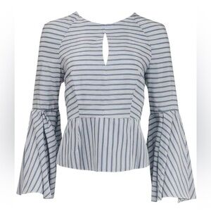 Milly Fluted Striped Silk & Cotton Blouse Bell Sleeve Keyhole Open Back Tie